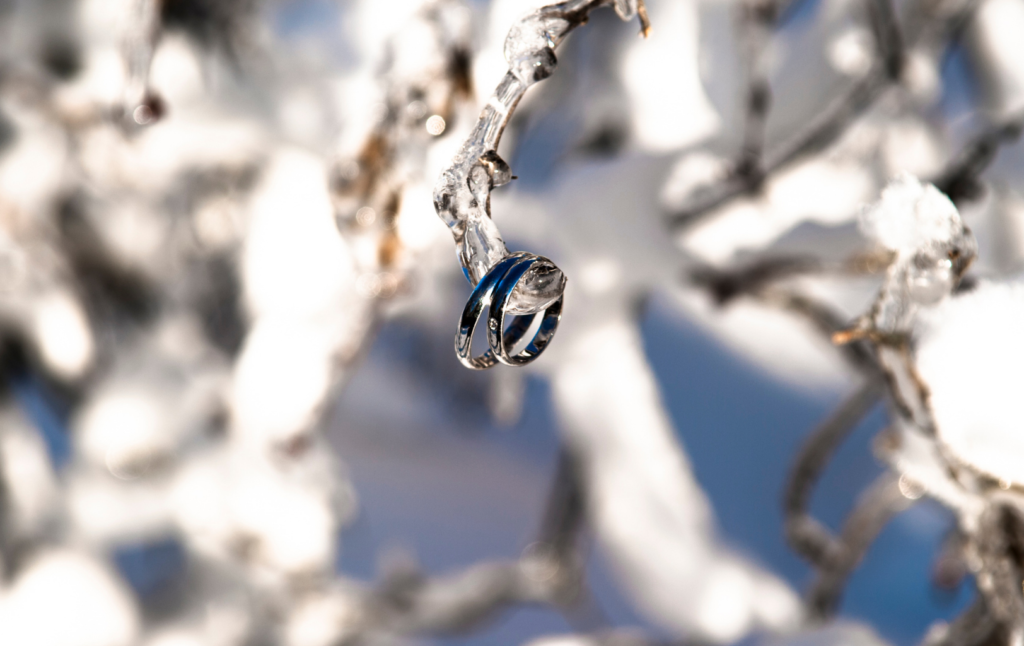 wedding rings in a winter setting in the snow