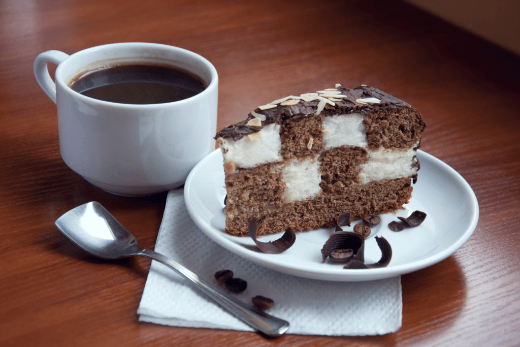 a piece of chocolate cake and coffee